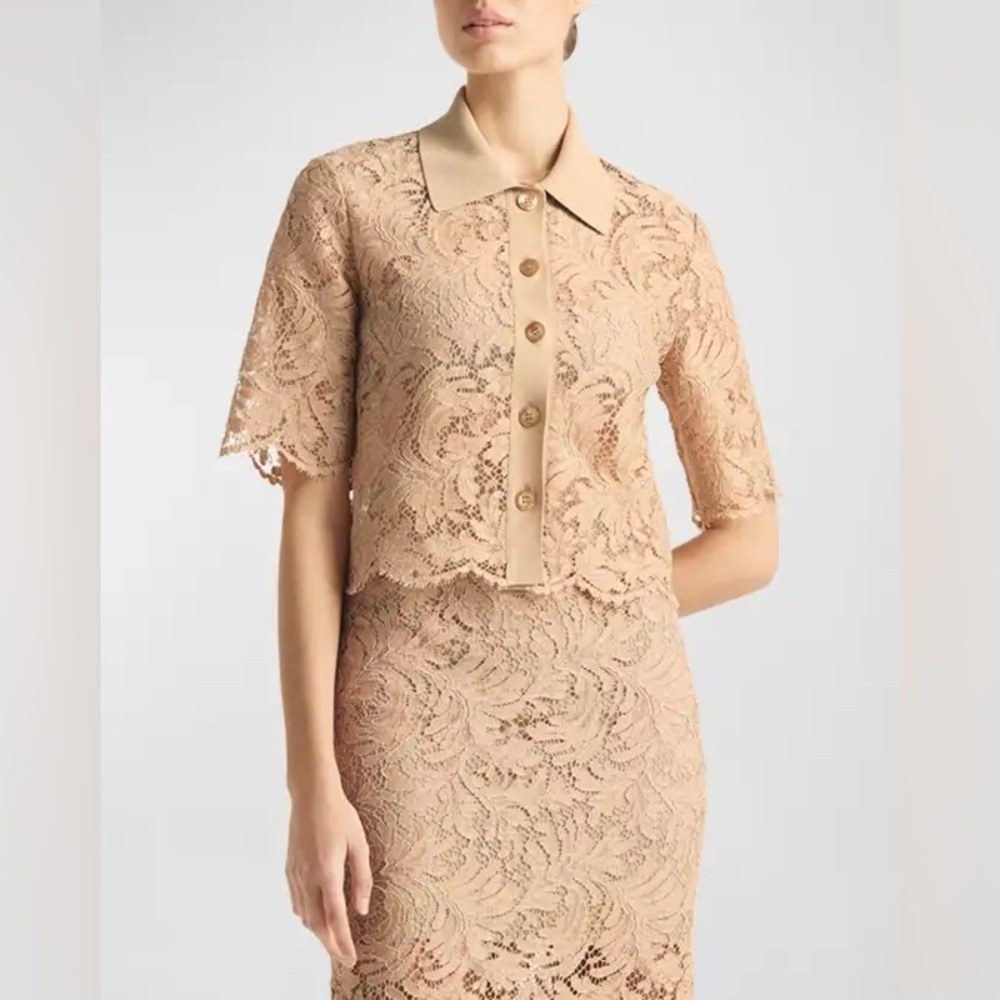 St. John Fern Leaf Lace Elbow-Sleeve Collared Crop Top 4